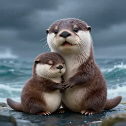 my little everything, portrait happy brave magical cuteness, fantasy otter love, otters holding hands in the stormy sea, he holds her while she sleeps