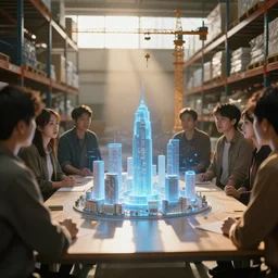 group of people in simple warehouse, watching hologram of futuristic city on a table, cinematic concept art, godrays, golden hour, natural sunlight, 4 k, clear details, tabletop model buildings, center model buildings, hologram center, crane shot, crane shot, crane shot