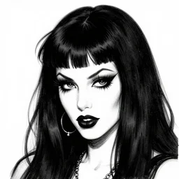 of a goth girl burlesque psychobilly punk, detailed face, black hair, white background, drawing, illustration by frank frazetta