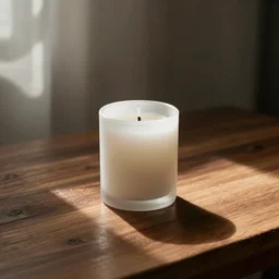 a white candle on a wooden table.
