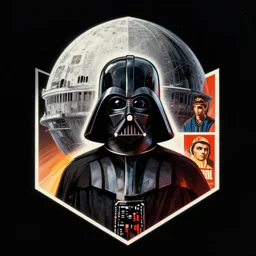 film still of isometric symmetrical empire strikes back and darth vader, soviet propaganda poster, 1910, deathstar, artwork movie poster by high contrast vibrant colors, Ralph McQuarrie, New art nouveau, water color, moebius, fine lines, neon ink on black paper,