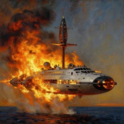 spaceship transport cruiser on fire art by anders zorn, wonderful masterpiece by greg rutkowski, beautiful cinematic light, american romanticism thomas lawrence, greg rutkowski rule of thirds, golden ratio