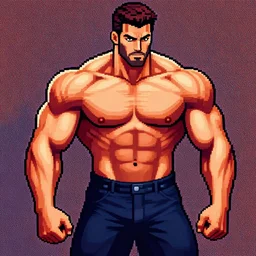 a muscular bodybuilder man, fantastic lighting, pixel art, high detail, 1 6 bits, 2 d, pointillisme