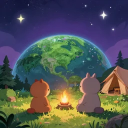 two creatures sitting at the campsite with the vibrant starry sky and a lush green planet in the background