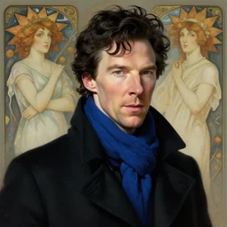 a beautiful portrait of benedict cumberbatch with black curly hair wearing a black coat and blue scarf, elegant, highly detailed, digital painting, artstation, concept art, smooth, sharp focus, colored illustration for tattoo, art by krenz cushart and artem demura and alphonse mucha,