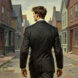back view of investigiator walking down street in arkham town, male, detailed face, gorgeous, amazing, new england architecture, 1920 style, intricate, highly detailed, musculine, lovecraft illustration, painting by Gaston Bussiere, Craig Mullins