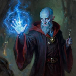 a wizard young bald with no beard with blue skin with the nose of Voldemort, casting a powerful spell, painted by Greg Rutkowski, trending on ArtStation