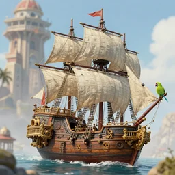 a green parrot sailing a small scale pirate ship, texture, intricate, details, highly detailed, masterpiece, architecture, building, trending on artstation, focus, sharp focus, concept art, digital painting, fantasy, sunny, day, midday