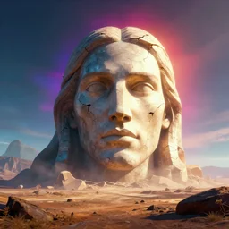 a film still from elysium by james paick - a large cracked sculpture of the face of god protrudes out of a barren landscape, vibrant, 5 0 mm lens, video game environment design, dramatic lighting, cinematic, global illumination, deviant art, trending on artstation, bloom
