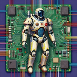 hyper detailed suspended robot fighter pilot made from circuits connected to the mother board with wires and electronic components masterpiece pattern jean giraud digital art painting beautiful _ psychedelic _ acid artgerm dona to giancola tom bagshaw