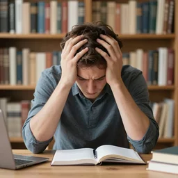 writer struggling, embracing head in own hands, cozy environment, intricate composition, wide lens, 1 7 mm, front angle, bookshelves on background, front view, papers on table, colorful, night lighting, dark room, tiny source of lighting, cozy lighting, table lamp, dramatic expression, warm colors, cinematic composition, lighting by rembrandt, chaos on table