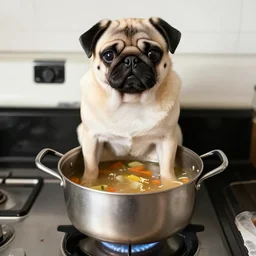 An adorable pug sitting in a pot of soup on top of a stove, high resolution photograph
