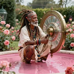 a haitian shaman with dreadlocks and a steampunk stargate in a rose garden with a pink reflective pool, by Zdzislaw Beksinski and greg rutkowski and android jones and thomas kinkade in a surreal portrait style, oil on canvas, 8k, hd,