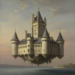 castle floating hanging by cables and chains, by emmanuel shiu, caspar david friedrich, albert bierstadt, jakub rozalski