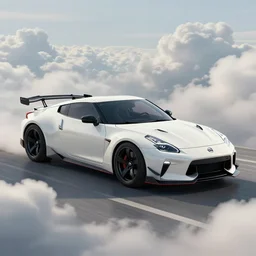 a random crossover design sport car in a utopia world. art by filip hodas. clouds by rhads. car by nissan. white paint.
