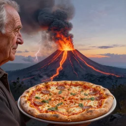 close up of an extremely detailed old wrinkled man holding a large pizza in front of a volcano spewing lava and black smoke, from below, streams of glowing hot lava, hot air refraction, flashes of lightning in the distance, wide shot, long shot, an ultrafine detailed painting by joe fenton, trending on deviantart, pop surrealism, sunset, soft lighting, beautiful