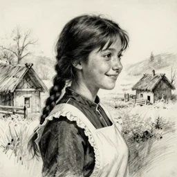a side's profilecontent of a sadly smiling black haired, young hungarian village maid from the 19th century who looks very similar to Lee Young Ae with a hair braid, detailed, sketch by Rembrandt, Munkácsy, Csók István and da Vinci
