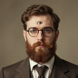 A vintage portrait of an attractive bearded brown-haired man wearing glasses with eye in the middle of his forehead