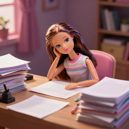 a barbie doll with an exhausted!!!! expression sits at a desk in her home. the desk is overflowing with several large stacks of paper. her head is resting on her hand, photorealistic,