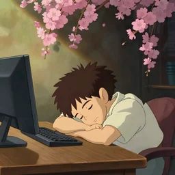 a boy sleeping in front of a computer desk, medium shot, waist up, studio ghibli, pixar and disney animation, sharp, rendered in unreal engine 5, anime key art by greg rutkowski, bloom, dramatic lighting
