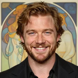 centralized close up portrait, friendly smiling sam heughan prince mage, abstract background, alphonse mucha, rhads, ross tran, artstation, artgerm, octane render, 1 6 k