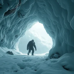 an bigfoot walking through in ice cave in skyrim, atmospheric, volumetric lighting, winter, overcast, soft painting by greg rutkowski