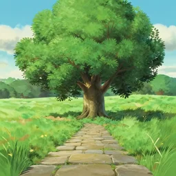 cute ash tree, stone walkpath landfield, painting animation matte painting by ghibli ( ( pixar ) ) studio miyazaki ghibli