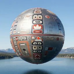 a giant metallic floating sphere covered in canadian aboriginal patterns!! hovering above a Yukon lake, (painted by Ralph McQuarrie), matte painting, concept art