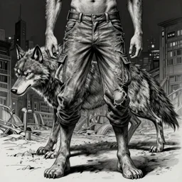 full body detailed portrait werewolf by yusuke murata and masakazu katsura, artstation, highly - detailed, worn pants, short pants, highly detailed pants, pants, pants with pockets, cgsociety, pencil and ink, city in the background, dark colors, unreal engine, intricate details