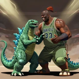 shaquille o'neal tackling godzilla, cartoon digital art