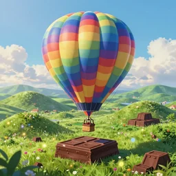 one colorful hot air balloon, floating over a grassy chocolate - shaped hills, magical, colorful, fantastic lighting, amazing details, 4 k uhd, illustration by hayao miyazaki style, artstation, pixiv, pixels