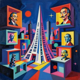A surreal neon painting of Zaha hadid 3d kandinsky cityscape made of cubism futuristic picasso rooms in 3 point perspective by hr giger and Vladimir kush and dali and kandinsky, 3d, realistic shading, complimentary colors, vivid neon colors, aesthetically pleasing composition, masterpiece, 4k, 8k, ultra realistic, super realistic,