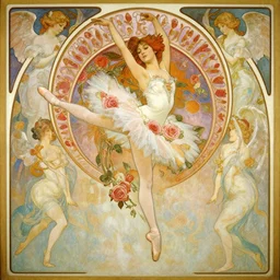 realistic detailed painting of a ballet dancer girl full body flying in the air with roses, angels around by Alphonse Mucha Ayami Kojima Amano Charlie Bowater HR Giger, masterpiece
