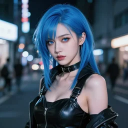 hyper realistic photograph portrait of cyberpunk pretty girl with blue hair, beautiful face and make up, blue eyes, wearing a sexy leather outfit, in city street at night, by makoto shinkai, ilya kuvshinov, lois van baarle, rossdraws, basquiat