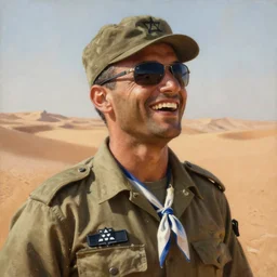 a painting of an israeli solidier with sunglasses, a field cap, and a ascot around his neck laughing in the desert high details