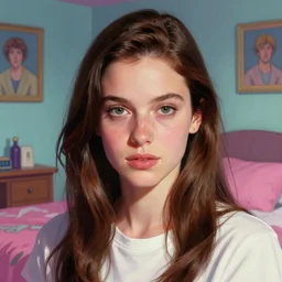 close portrait ornella muti at her late 2 0 s, vaporwave, bedroom, highly detailed, digital painting, artstation, concept art, smooth, sharp focus, illustration, art by artgerm and greg rutkowski and alphonse mucha