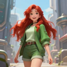 beautiful cute red haired joyful and playful nineteen year old maiden standing up in casual green clothing, long hair, attractive face, modern city, rpg character, sci - fi, fantasy, intricate, elegant, digital painting, artstation, concept art, smooth, 8 k frostbite 3 engine, ultra detailed, art by artgerm, greg rutkowski, magali villeneuve