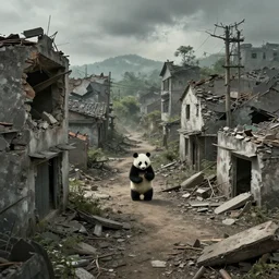 an apocalypse scene of a destroyed town, only panda are alive