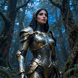 hyperrealistic expressive! middle-eastern woman with detailed exoskeleton armor, merging with tree in a forest, matte painting masterpiece brad kunkle hannah yata dramatic blue light low angle hd 8k sharp focus