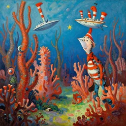 coral forest landscape in the style of dr. seuss, starships, painting by thomas cole