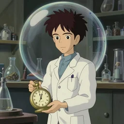 hyperrealist, studio ghibli dull colors portrait cartoon from close encounters of the third kind 1 9 7 7 of a skinny grey pocketwatch scientist alone in his laboratory bubble.