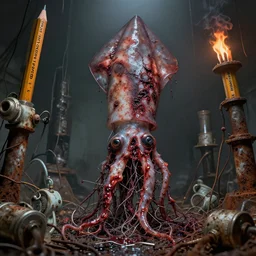 pencils of brutalist medical, unsymmetrical, horror squid block, surrounding med equipment, abandoned filthy, chemical burns, rusted, macerated, eviscerated by fimbria wires, by v finlay, wayne d barlowe, stefano tamburini, torch light, muted colors, epic, hyper detailed, awe inspiring, award winning horror, hyper realism, cinematic