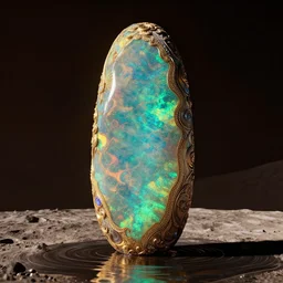 giant iridescent opal monolith made of opal on the moon, moody, warm tones, water reflection, opalescent, opal : : by jeff koons, dan mcpharlin daniel merrian : : ornate, dynamic, particulate, rich colors, intricate, elegant, highly detailed, centered, artstation, smooth, sharp focus, octane render, d