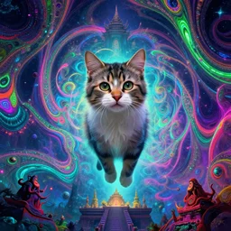 mysterious cosmic kitten hovering over haunted mystical temple, infinite hallucinogenic fractal waves, # f 2 2 2 ff # 8 c 1 eff synthwave, bright neon colors, highly detailed, cinematic, eyvind earle, tim white, philippe druillet, roger dean, ernst haeckel, lisa frank, aubrey beardsley, kubrick, louis wain