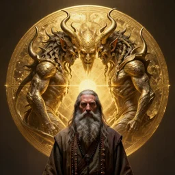 beard shaman facing the inner demon, symmetrical forms, golden ratio, digital art, fantasy art, octane render, unreal engine, high detail, very realistic, by greg rutkowski. by james gurney