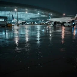 photo of an airport tarmac, the floor is flooded with one meter deep water. eerie, volumetric lighting. highly - detailed 4 k