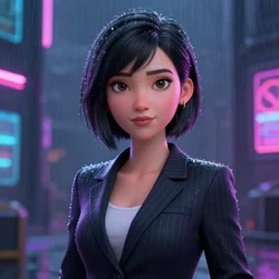 cinematic, cartoon women portrait made out of rain, pinstripe suit, short hair, cyberpunk background, rendered in octane, unreal engine, highly detailed, trending on artstation, realistic, neon, beautiful