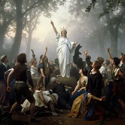 an impressively euphoric 1 8 0 0 s romanticism - inspired photograph depicting bedlam underneath a foggy tree line at dawn inspired by liberty leading the people