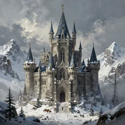a painting of a castlevania, dishonored 2 style castle in the middle of a snowy mountain, a detailed matte painting by andreas rocha and greg rutkowski, featured on artstation, fantasy art, matte drawing, matte painting, artstation hq