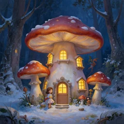 mushroom fairy house in twilight forest snow. soft light, illuminated windows. intricate painting by ross tran, magali villeneuve, and jeremy mann.